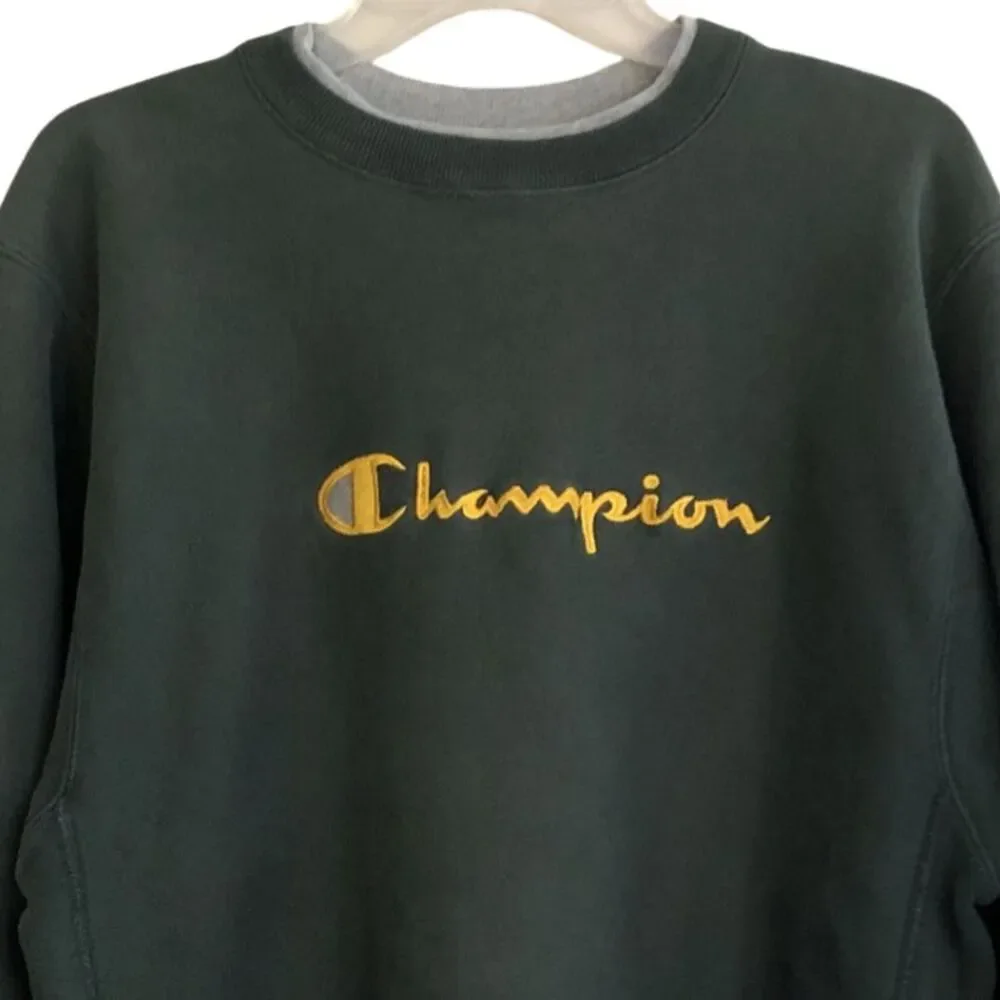 VTG Champion Reverse Weave Sweatshirt Mens Sz XL Crewneck Green Gold Embroidered